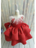 Red Fluffy Beaded V Back Flower Girl Dress